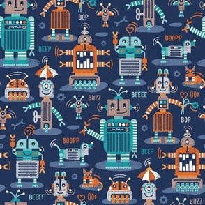 Small scale // Friendly robots // navy blue background gold drop orange teal mint light grey and brown taupe machine toys