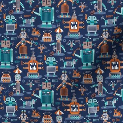 Tiny scale // Friendly robots // navy blue background gold drop orange teal mint light grey and brown taupe machine toys