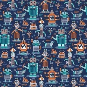 Tiny scale // Friendly robots // navy blue background gold drop orange teal mint light grey and brown taupe machine toys