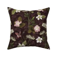 Botanical Floral Wildflowers Rose Pink Mauve on Dark Plum Wallpaper