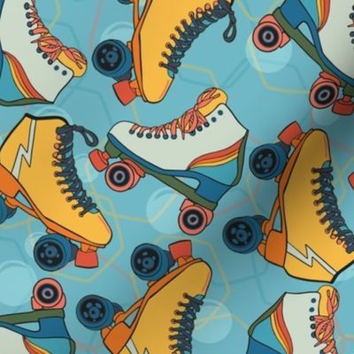 Roller skates retro rainbow on sky blue vintage novelty