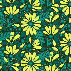 Cheery 70's Flora- Green/Yellow Flowers