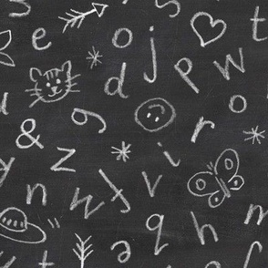 Chalkboard Alphabet | White chalk alphabet pattern on blackboard, cats, alien ufo, butterflies, stars and smiley faces, hand drawn alphabet fabric, black and white, back to school, nursery wallpaper.