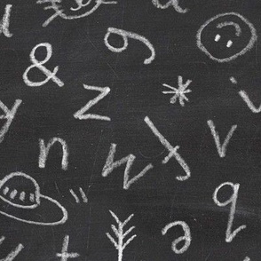 Chalkboard Alphabet (large scale) | White chalk alphabet pattern on blackboard, cats, alien ufo, butterflies, stars and smiley faces, hand drawn alphabet fabric, black and white, back to school, nursery wallpaper.