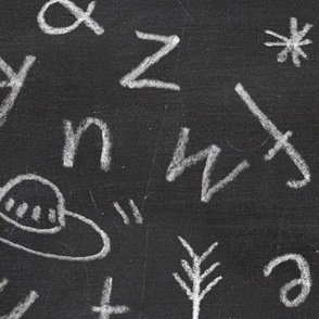 Chalkboard Alphabet (xl scale) | White chalk alphabet pattern on blackboard, cats, alien ufo, butterflies, stars and smiley faces, hand drawn alphabet fabric, black and white, back to school, nursery wallpaper.