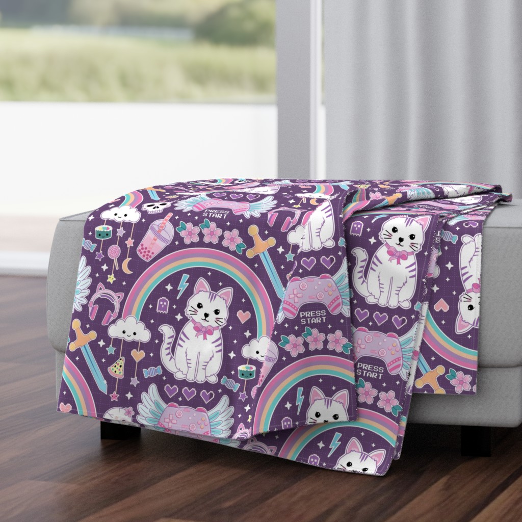 Kawaii gamer with cat - cute pink and purple kidult Japanese, Korean cartoon style - large