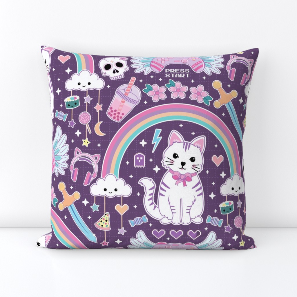 Kawaii gamer with cat - cute pink and purple kidult Japanese, Korean cartoon style - large