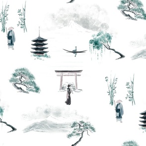 Japan landscape teal and White