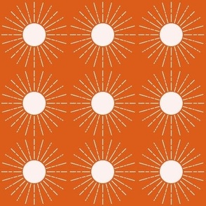 Blush sun on orange background modern sun illustration for home decor and apparel, grid repeat medium scale for apparel, crafting, crisp bed linen and placemats