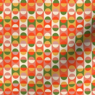 Small scale Orange and Olive green mod vintage retro geometric pattern of circles, half circles, semi circles and squares - for crafts, tote bags, beach bags, patchwork, quilting