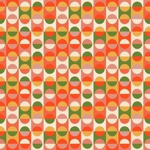 Small scale Orange and Olive green mod vintage retro geometric pattern of circles, half circles, semi circles and squares - for crafts, tote bags, beach bags, patchwork, quilting