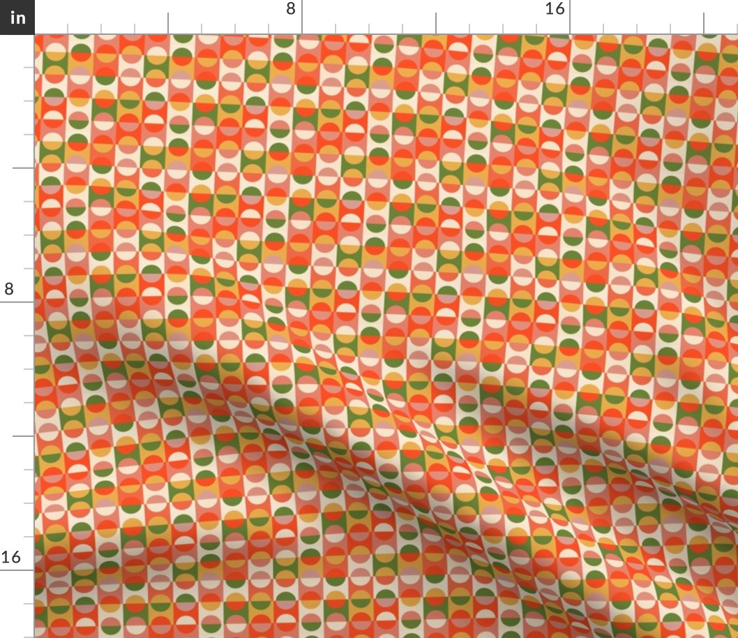 Small scale Orange and Olive green mod vintage retro geometric pattern of circles, half circles, semi circles and squares - for crafts, tote bags, beach bags, patchwork, quilting