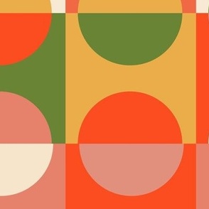 Jumbo scale Orange and Olive Green coordinate, retro vintage modern style, mlinimalist circles and semi circles and squares on tones of orange, mustard, off white and olive green.  Scaled for cotton duvet covers, curtains, table linen 