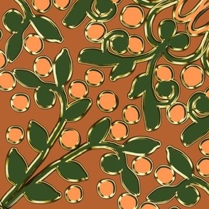 Kaleidoscope Vine with Berries in Green and Peach on Cocoa Brown