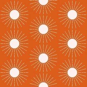 Blush sun on orange background modern sun illustration for home decor and apparel, half drop repeat medium scale for apparel, crafting, crisp bed linen and placemats