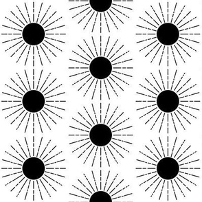$ Black and white  modern sun illustration for home decor and apparel, half drop repeat medium scale for apparel, crafting, crisp bed linen and placemats