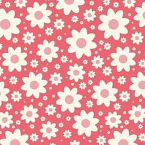 Medium Scale Bold and vibrant retro daisies in coral and cream - for kids apparel, floral cushions, vintage fashion 