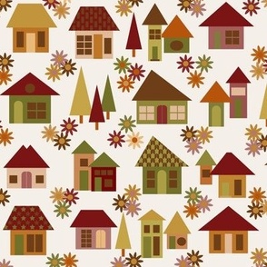 $ medium scale - home sweet home design, full of warm earthy autumn colours and simplistic minimalist houses and schools, for kids' decor, kids' bedroom curtains, back to school accessories.
