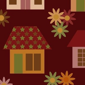 Jumbo scale - Cheater Quilt - full pattern will print on one yard of 42" wide fabric.  Home sweet home design, full of warm earthy autumn colours and simplistic minimalist houses, for kids' decor, kids' bedroom curtains, nursery design and accessories