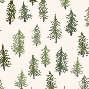 $ Small Scale Pine Trees in the forest pale cream background - minimalist Xmas for home decor, christmas party, christmas decorating, festive table settings and holiday crafts.