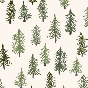 463 $ - Small Scale Pine Christmas Trees in the forest pale cream background - minimalist Xmas for home decor, Christmas party, Christmas decorating, festive table settings and holiday crafts.