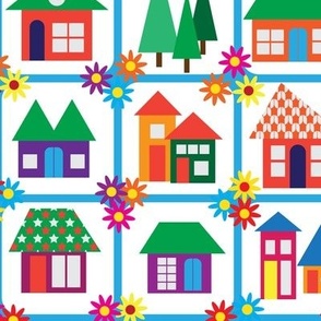 Medium scale - Cheater Quilt - Houses for kids and adults = kidults!  Joyful home sweet home design full of bright colors and simplistic minimalist houses, for kids decor, kids bedroom curtains, happy nursery design and accessories, cute baby and kid appa