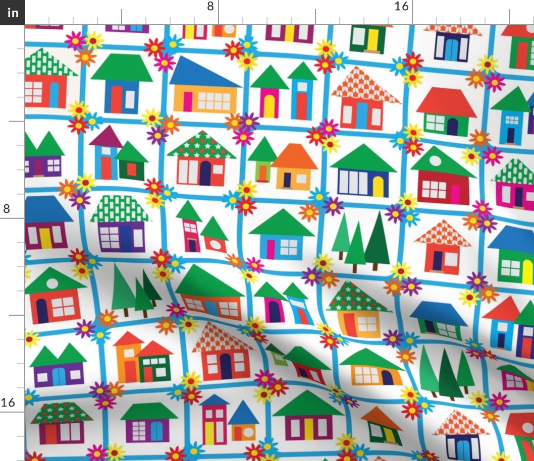 $ Medium scale - Cheater Quilt - Houses  Joyful home sweet home design full of bright colors and simplistic minimalist houses, for kids decor, kids bedroom curtains, happy nursery design and accessories, cute baby and kid ap