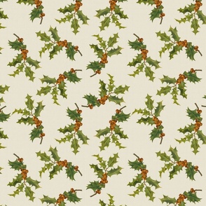 VINTAGE CHRISTMAS HOLLY BERRY - GREEN AND RED ON LIGHT CREAM