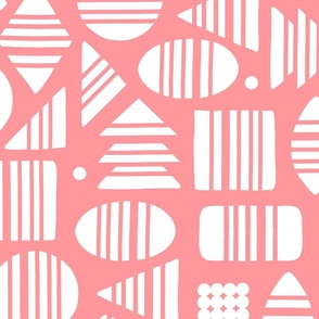 Kidult White Abstract Striped Geometrics Blocks on Salmon Pink Red by Angel Gerardo - Large Scale