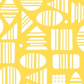 Kidult White Abstract Striped Geometrics Blocks on Mustard Yellow Gold by Angel Gerardo - Large Scale