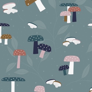 Medium - Mushrooms and Leaves on a Teal Background