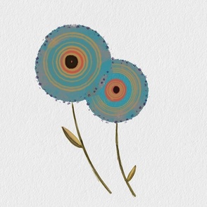(L) Pair of Textured Round Flowers in Blue, Green and Orange 
