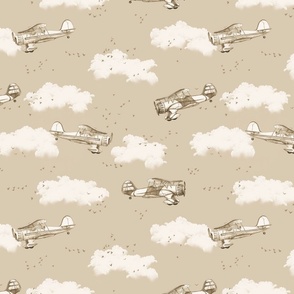 biplanes and birds in clouds - sepia coordinate