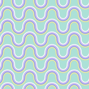 Retro roller waves blue purple yellow on mint green by Jac Slade