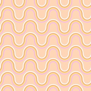 Retro roller waves orange yellow pink on apricot orange by Jac Slade
