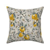 Bees And Lemons - Grey - Medium - Blue Leaves 