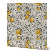 Bees And Lemons - Grey - Medium - Blue Leaves 