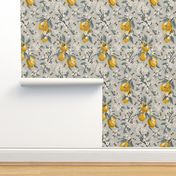 Bees And Lemons - Grey - Medium - Blue Leaves 