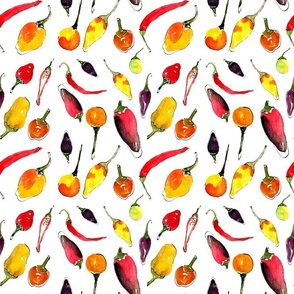 Watercolor hot chillies in red, yellow, purple, white background 