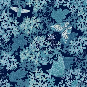 Hydrangea in the garden with butterflies_blue monochrome_indigo background_large floral print 