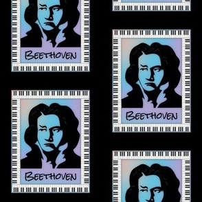 Beethoven portrait  with piano keyboard, watercolor wash in blue, purple