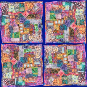 Handkerchiefs of love Embroidery collaged tiles on royal blue linen effect large 