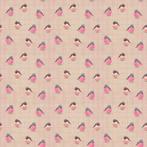 Pink Birds on Tan  Checks (small scale)