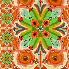 Late 60s, early 1970s flower power. Watercolor look with greens and peachy watermelon colors. 