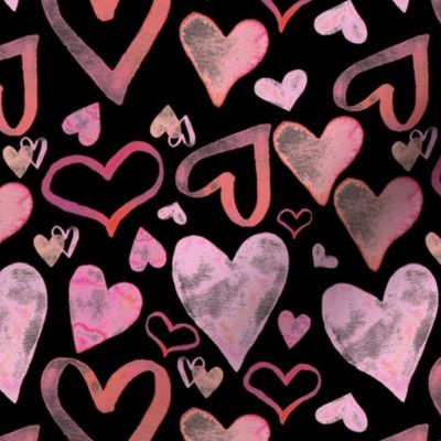 Watercolor Pink Hearts Pattern | Black Background