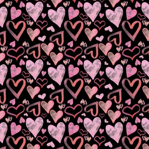 Watercolor Pink Hearts Pattern | Black Background