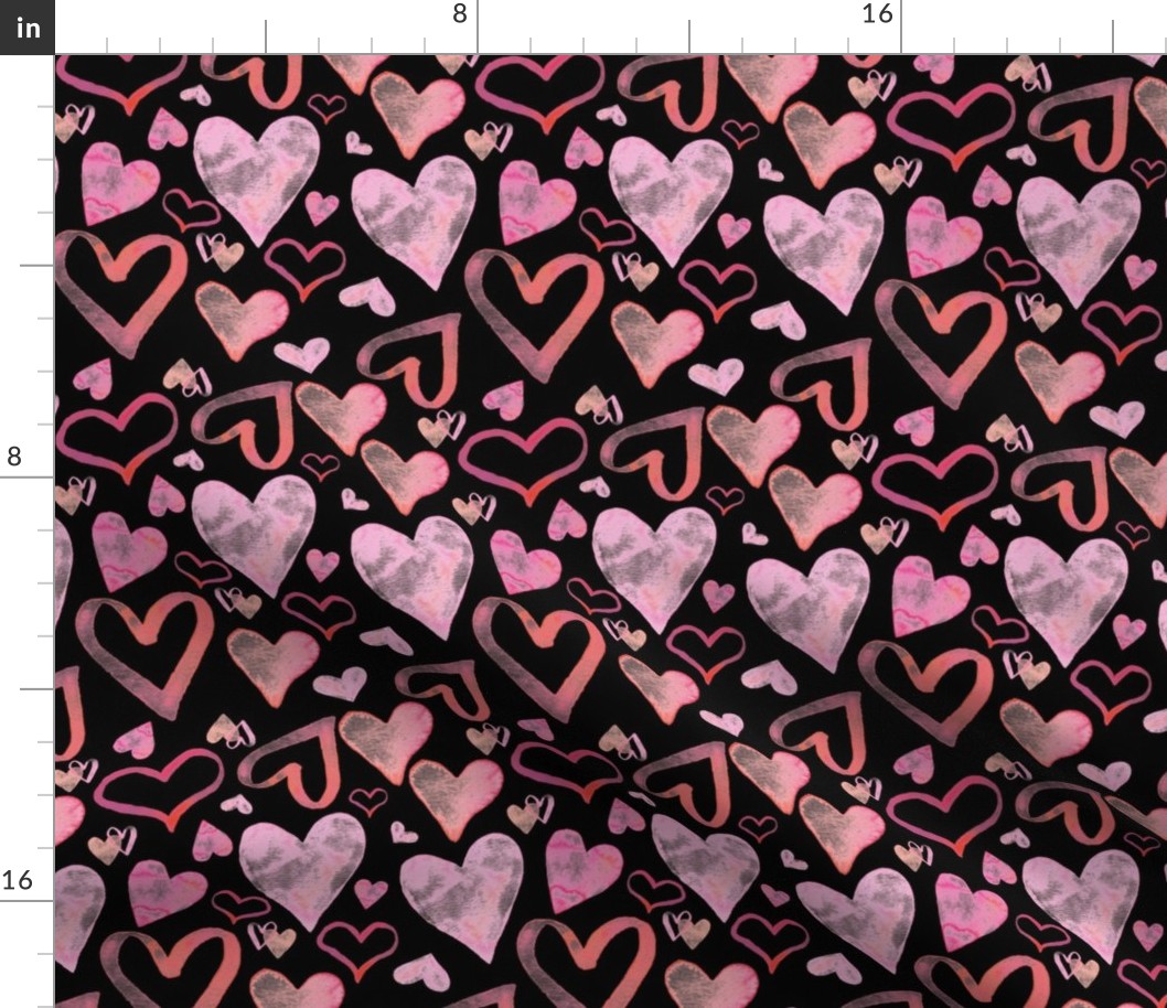 Watercolor Pink Hearts Pattern | Black Background