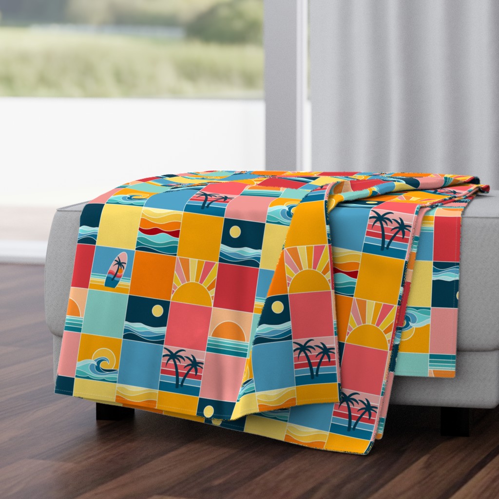 Beach Vibes, sunset and sunrise at the beach, surf boards and palm trees by the sea. Cheater quilt, yellow, orange and blue cheerful checks