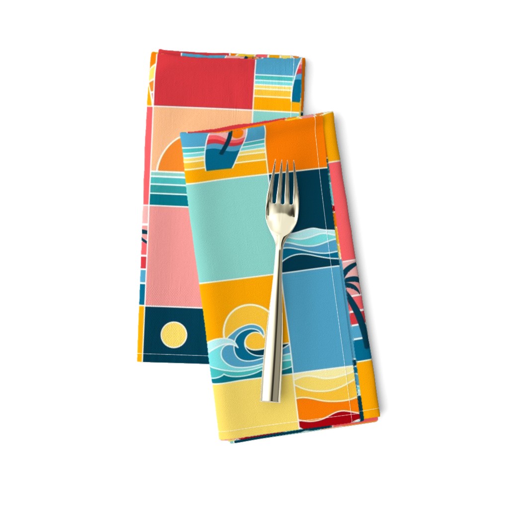 Beach Vibes, sunset and sunrise at the beach, surf boards and palm trees by the sea. Cheater quilt, yellow, orange and blue cheerful checks