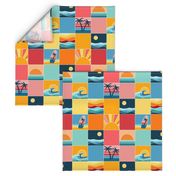 Beach Vibes, sunset and sunrise at the beach, surf boards and palm trees by the sea. Cheater quilt, yellow, orange and blue cheerful checks